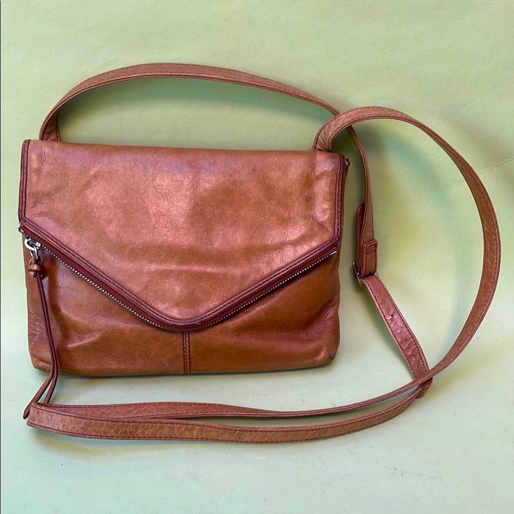 Caramel HOBO Crossbody Leather Bag with Fold-Over Flap and Adjustable Strap - Picture 2 of 13
